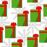 geschenkdozen naadloos patroon, groene dozen met rode linten en sneeuwvlokken op een witte achtergrond vector