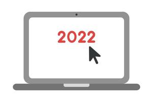 nieuwjaar vectorconcept, klik tot 2022 met muispijl op laptop vector
