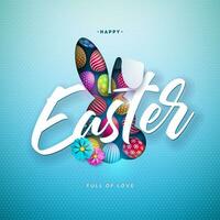 gelukkig Pasen illustratie met kleurrijk geschilderd ei en konijn oren Aan blauw achtergrond. vakantie viering vector ontwerp met bloem voor groet kaart, partij uitnodiging of promo spandoek.