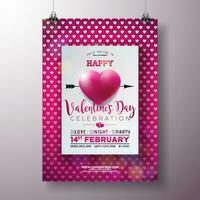 vector valentijnsdag dag partij folder ontwerp met typografie en hart Aan rood patroon achtergrond. vector heilige Valentijn dag romantisch liefde viering ontwerp voor folder, groet kaart, banier, vakantie