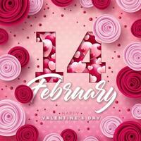gelukkig valentijnsdag dag ontwerp met roos bloem, hart en 14 februari typografie brief Aan licht roze achtergrond. vector liefde, bruiloft en romantisch Valentijn thema illustratie voor folder, groet kaart