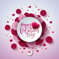 gelukkig valentijnsdag dag ontwerp met roos bloem, rood hart en handschrift typografie brief Aan licht roze achtergrond. vector liefde, bruiloft en romantisch Valentijn thema illustratie voor folder, groet
