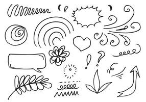 bladeren, harten, abstract, linten, pijlen en andere elementen in de hand getekende stijlen voor conceptontwerpen. doodle illustratie. vectorsjabloon voor decoratie vector