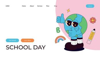 landen bladzijde met funky retro groovy planeet aarde karakter. terug naar school. kinderen schrijfbehoeften onderwerpen. grappig studie school- benodigdheden.nostalgie jaren 60, jaren 70, 80s voor banier, website vector