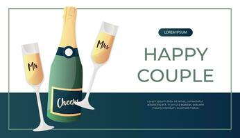 promo banier met bruiloft proost fles van Champagne, prosecco, vakantie sprankelend wijn. bruiloft dag accessoires, decoraties. vieren huwelijk, opslaan de datum ceremonie voor poster, reclame vector