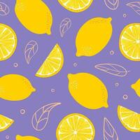 citroen zomer naadloos patroon in minimalistisch stijl. tropisch exotisch fruit, bladeren. gezond voedsel. voor menu, cafe, behang, kleding stof, inpakken, achtergrond. perzik dons. vector