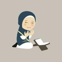 moslim kind, weinig meisje Ramadan tekenfilm vector illustratie. schattig vrouw kind in traditioneel kleren. gelukkig en glimlachen kinderen karakter in hijaab. moslim meisje in verschillend actie