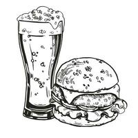 schetsen van glas van bier met hamburger, hand- getrokken vector illustratie van drinken en snel voedsel, bier mok en Hamburger, tekening grafisch, zwart en wit kleur, monochroom