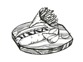 hand- getrokken vector illustratie van snel voedsel, inkt schetsen van heet hond, geroosterd aardappelen, Frans Patat in ambacht papier Aan snijdend houten bord, zwart en wit illustratie geïsoleerd Aan wit achtergrond