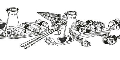 vector naadloos grens van Japans voedsel thema met broodjes, sushi, sashimi, soja saus, eetstokjes, hand- getrokken geïnkt monochroom schetsen van zeevruchten, voedsel illustratie geïsoleerd Aan wit achtergrond
