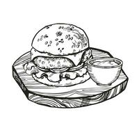 vector illustratie van hamburger met vlees, ui, tomaten, kaas en saus Aan houten besnoeiing bord, hand- getrokken schetsen van snel voedsel, geïsoleerd Aan wit achtergrond, zwart en wit inkt illustratie