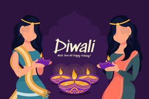 diwali vrouw met olielamp, diwali vakantie op paarse achtergrond, diwali viering wenskaart, vector. vector