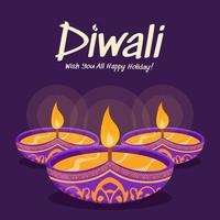 gelukkig diwali-ontwerp met diya-olielampelementen op paarse achtergrond, bokeh sprankelend effect, diwali-vieringswenskaart. vector