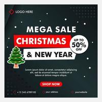 kerst en nieuwjaar mega sale banner met zwarte achtergrond sjabloon vector