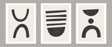 trendy hedendaagse abstracte kunst aan de muur, set van 3 boho art prints, minimale zwarte vormen op beige. creatieve geometrische minimalistische artistieke handgeschilderde compositie uit het midden van de eeuw. posters voor wanddecoratie vector