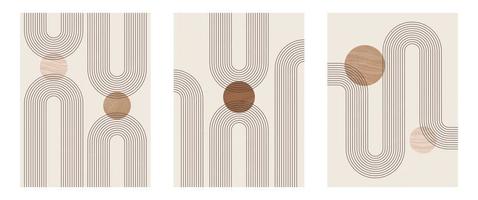 set van moderne minimalistische kunstdruk uit het midden van de eeuw met organische natuurlijke vorm. abstracte hedendaagse esthetische achtergrond met geometrische minimale zwarte lijn op beige. boho wanddecoratie. vector