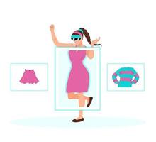 jonge vrouw in virtual reality-bril probeert kleding. winkelen van de toekomst. augmented reality paskamers. platte geïsoleerde vectorillustratie vector