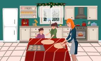 christmmom en kinderen bereiden kerstkoekjes in de keuken. de kalkoen wordt in de oven gebakken. keuken interieur in vlakke stijl. vector illustratie