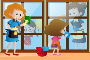 Kinderen helpen schoonmakers met het schoonmaken van de ramen vector