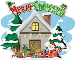 vrolijk kersttekstlogo met winterhuis en decoraties vector