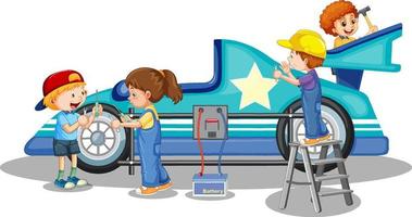 kinderen repareren auto samen op witte achtergrond vector
