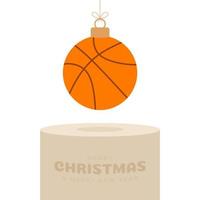 basketbal kerstbal sokkel. merry christmas sport wenskaart. hang op een draad basketbal bal als een kerst bal op gouden podium op witte achtergrond. sport vectorillustratie. vector