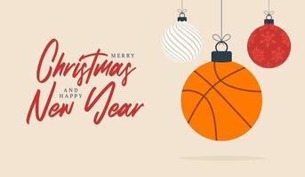basketbal kerst wenskaart. prettige kerstdagen en gelukkig nieuwjaar platte cartoon sportbanner. basketbalbal als een kerstbal op de achtergrond. vectorillustratie. vector