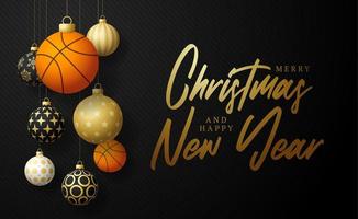 basketbal kerstkaart. merry christmas sport wenskaart. hang op een draad basketbal bal als een kerstbal en gouden snuisterij op zwarte horizontale achtergrond. sport vectorillustratie. vector