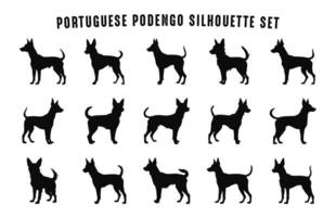 Portugees podengo hond silhouetten vector set, honden ras zwart silhouet bundel