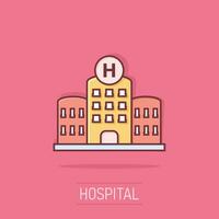 ziekenhuis gebouw icoon in grappig stijl. ziekenboeg vector tekenfilm illustratie Aan geïsoleerd achtergrond. medisch ambulance bedrijf concept plons effect.