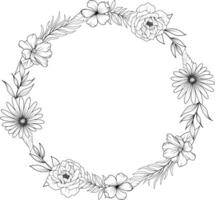 lijn kunst wilde bloemen krans vector illustratie. bloem boeket schetsen