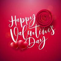 gelukkig valentijnsdag dag ontwerp met hart, rozen bloem en handschrift typografie brief Aan rood achtergrond. vector liefde, bruiloft en romantisch Valentijn thema illustratie voor folder, groet kaart