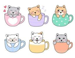 schattig katten, kittens in thee, koffie kopjes, mokken. slapen, verbergen, Vrolijk, liefde huisdieren. reeks van gemakkelijk tekenfilm vector tekeningen.