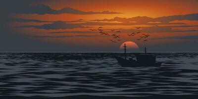 mooi zonsondergang in oceaan met boot en meeuwen in silhouet vector