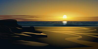 mooi kust landschap. strand zonsondergang landschap met rotsen vector