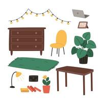een verzameling van meubilair en decor items voor een knus interieur voor een huis kantoor vector