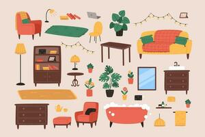 een verzameling van meubilair en decor items voor een knus interieur voor de huis vector