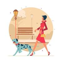vrouw die met haar hond wandelt vector