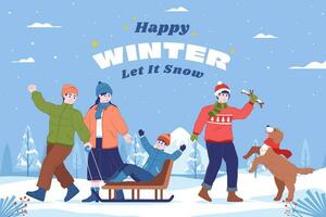 winter Woud vakantie achtergrond met gelukkig mensen. actief mensen in sneeuw landschap, overwintering familie buitenshuis activiteiten vector