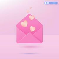 roze mail envelop met rood harten icoon symbool. geven liefde e-mail, bericht in liefde, moeder en valentijnsdag dag groeten concept. 3d vector geïsoleerd illustratie ontwerp. tekenfilm pastel minimaal stijl.