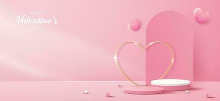 gelukkig valentijnsdag dag en stadium podium versierd met hart vorm geven aan. voetstuk tafereel met voor Product, kunstmatig, reclame, show, prijs ceremonie, Aan roze achtergrond en licht. vector ontwerp.
