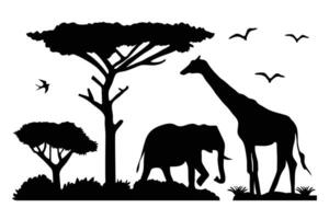 silhouet van olifanten, giraffen, vogels, en bomen in de Afrikaanse savanne. silhouet van dieren vector