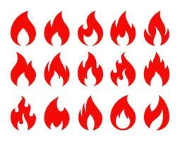 brand pictogrammen. heet brandend vlam, kampvuur en energie rood symbolen. geweldig, spannend of koel brand emoji, uitbarsten vreugdevuur. vuurbol logo geïsoleerd vector reeks