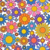 groovy bloem achtergrond. retro hippie jaren 70 naadloos patroon. gemakkelijk funky Jaren 60 bloemen zomer afdrukken, kleur knal wijnoogst voorjaar madeliefje herhaling textuur. mooi bloemen vector illustratie