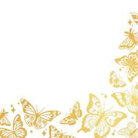 gouden vlinders. goud vlinder in vlucht Aan wit achtergrond. exotisch vlinders kudde kader voor bruiloft uitnodiging, groet kaart. mot silhouetten vector achtergrond