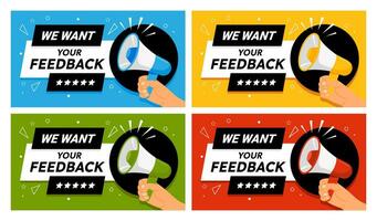 wij willen uw feedback. banier met hand- Holding megafoon. afzet advertentie toespraak tekens. klanten weggaan hun feedback. vector sjabloon
