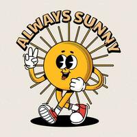 retro zon karakter. grappig positief groovy zonnig mascotte. grappig afdrukken met wandelen geel zon en belettering voor poster, spandoek. modieus sticker, vector illustratie