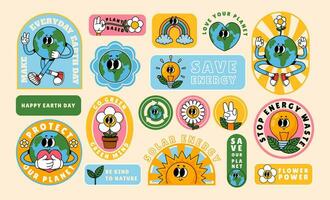 tekenfilm retro aarde stickers. opslaan planeet. oud stijl jaren 70 grappig mascotte milieuvriendelijk aarde karakter. concept ontwerp met bescherming natuur. aarde dag. vector illustratie