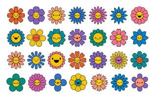 groovy tekenfilm bloem. hippie madeliefje gezichten, retro glimlachen bloemen karakter. wijnoogst jaren 70 grafisch elementen, gelukkig positief emoties fabriek. vector reeks