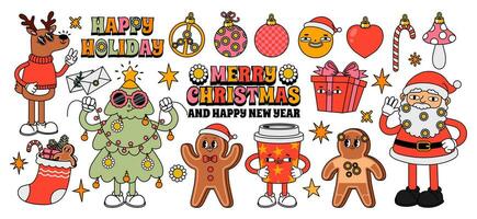 groovy Kerstmis stickers. grappig wijnoogst karakters. tekenfilm Jaren 40 retro de kerstman claus, hippie Kerstmis boom, vakantie ontbijtkoek, winter drankje, abstract psychedelisch elementen, vector reeks